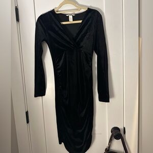 3/4 Sleeve, Mid- Length, Black Velvet Maternity Dress